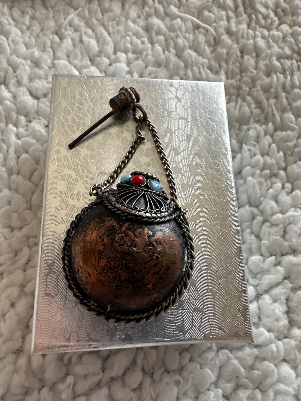 Pendant  - very unique with stopper.  Copper with unusual markings on bottle.